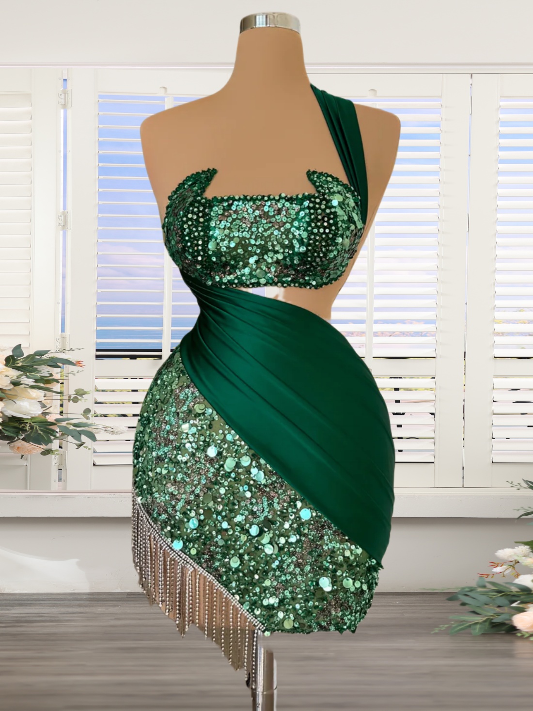 Customized(can Not Refund) Sheath Short Green Prom Dresses For Teens 16 18  Sheath One Shoulder Sparkly Sequins Homecoming Dresses Satin Pleated