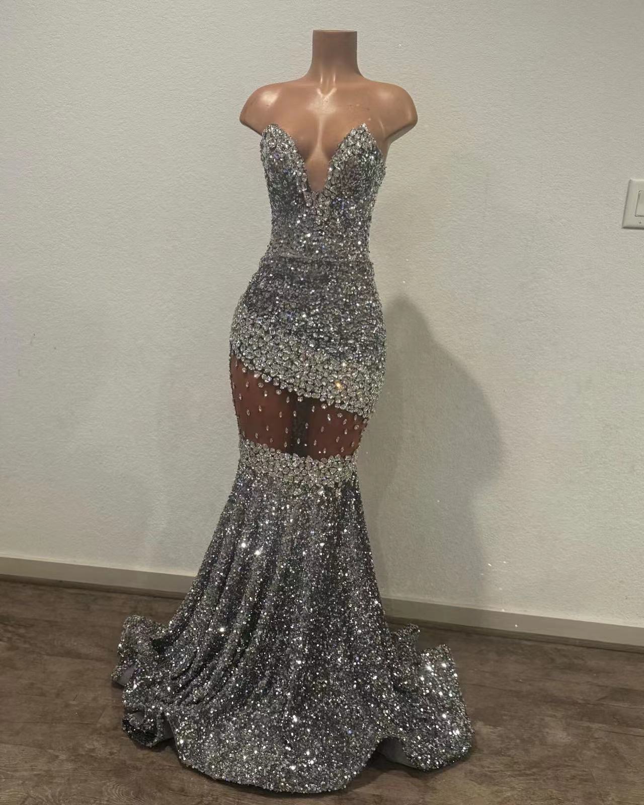 grey tie waist dress Sparkly Grey A Line Tiered Corset Long Beaded Prom Dress with Slit