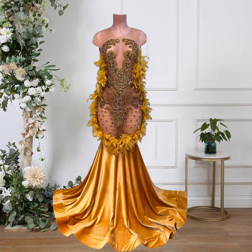 Sexy prom dresses, yellow prom dresses, feather prom dresses, crystal prom dresses, mermaid evening dresses Y546