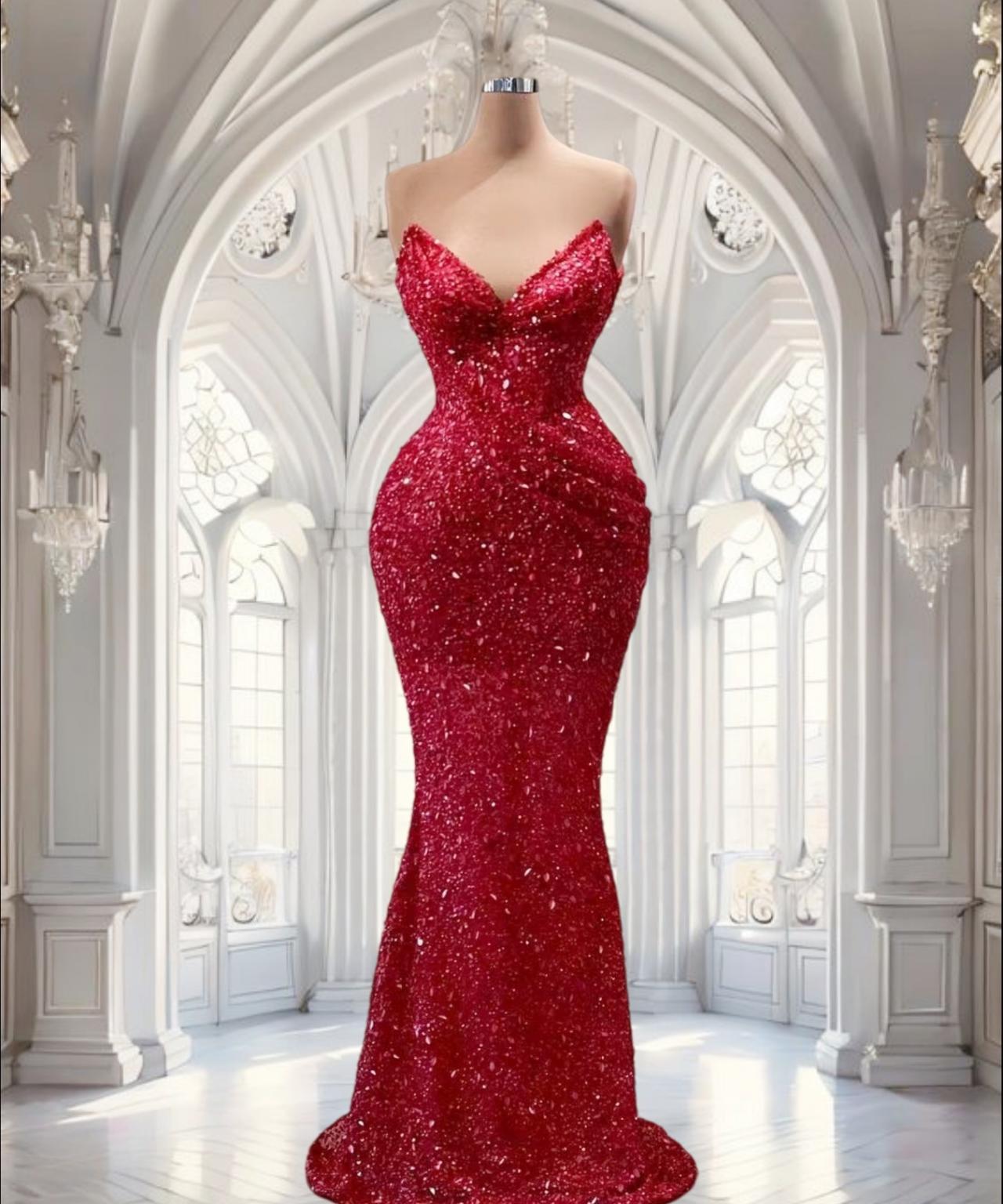 Customized (can Not Be Refund) Red Sparkly Sequined Prom Dresses Long For  Women 2025 V Neck Pleated on Luulla