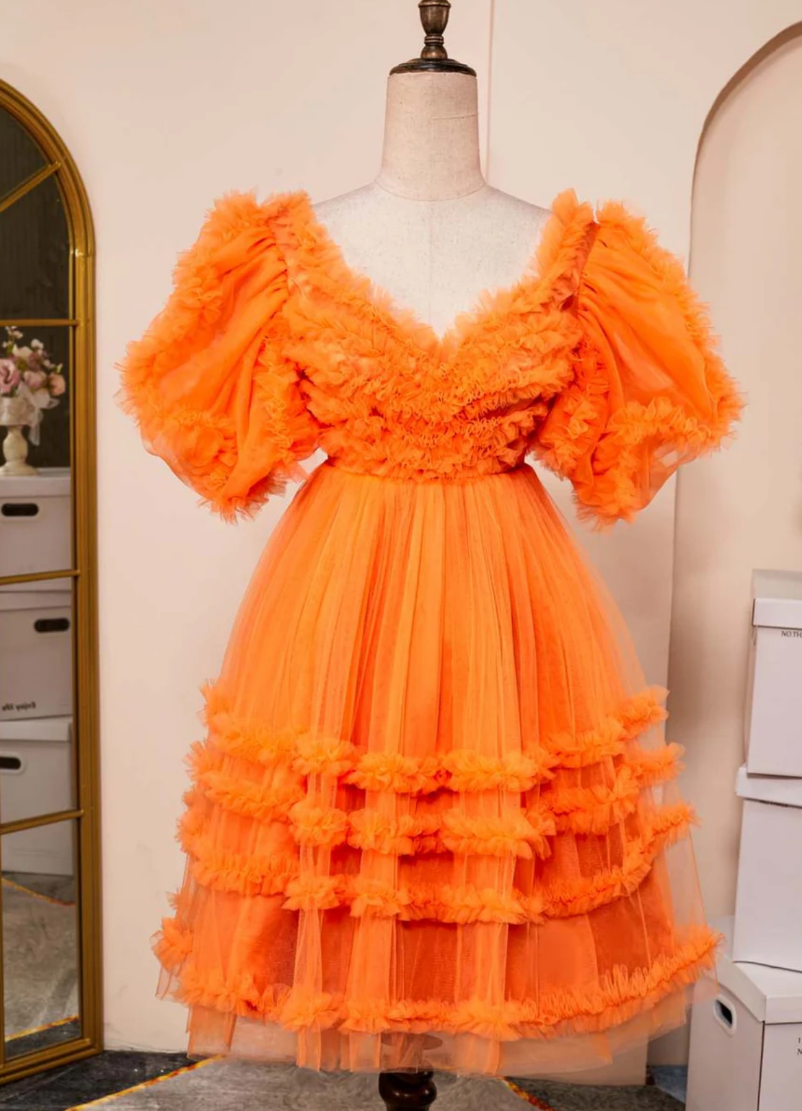 open lace back dress Sheer-Corset Mini Prom Dress with Long Glitter Overlay Orange / 6