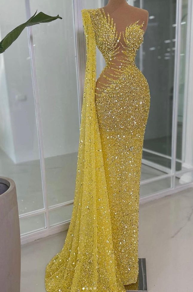 knee length dresses for ladies Yellow Off Shoulder Long Sleeves Ruched Slit Dress – Hot Miami Styles