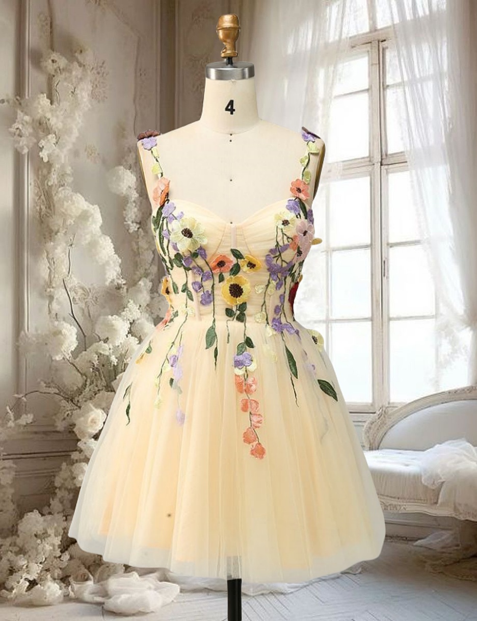 Yellow Floral Embroidery Short Prom Dresses For Teen 16 18 Sweeheart Neckline Lace Appliques Short H on Luulla