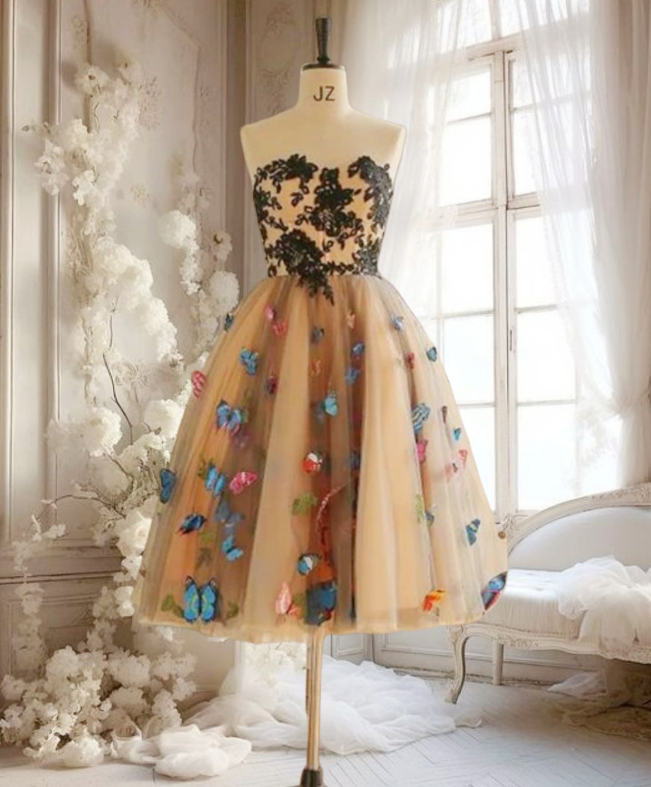 Customized(Can Not Refund) Champagne Lace Appliques Butterfly Short Prom Dresses Tulle Flowers Ball Gown Homecoming Dresses Black and Champagne