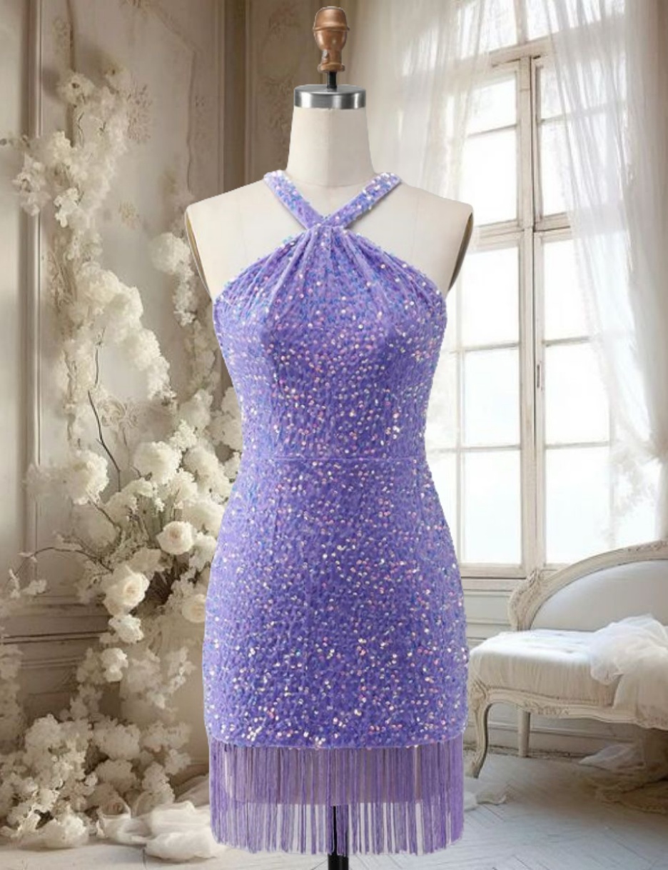 Lilac Sheath Sequined Short Prom Dresses For Teen 16 18 Tassel Beading Sparkly  Sequin Mini Homecomin on Luulla