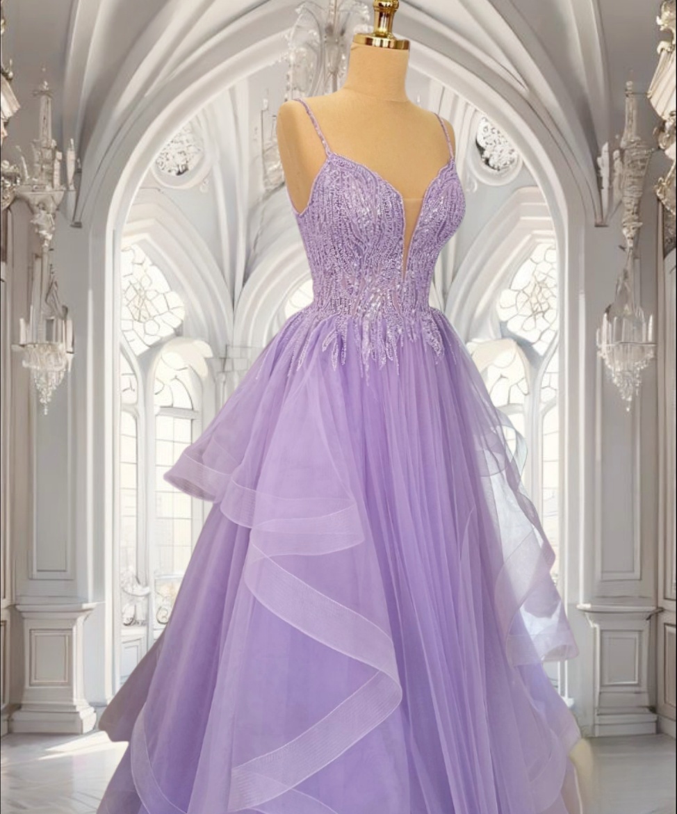 Lilac A Line Tulle Prom Dresses Long For Women 2025 Spaghetti Straps ...