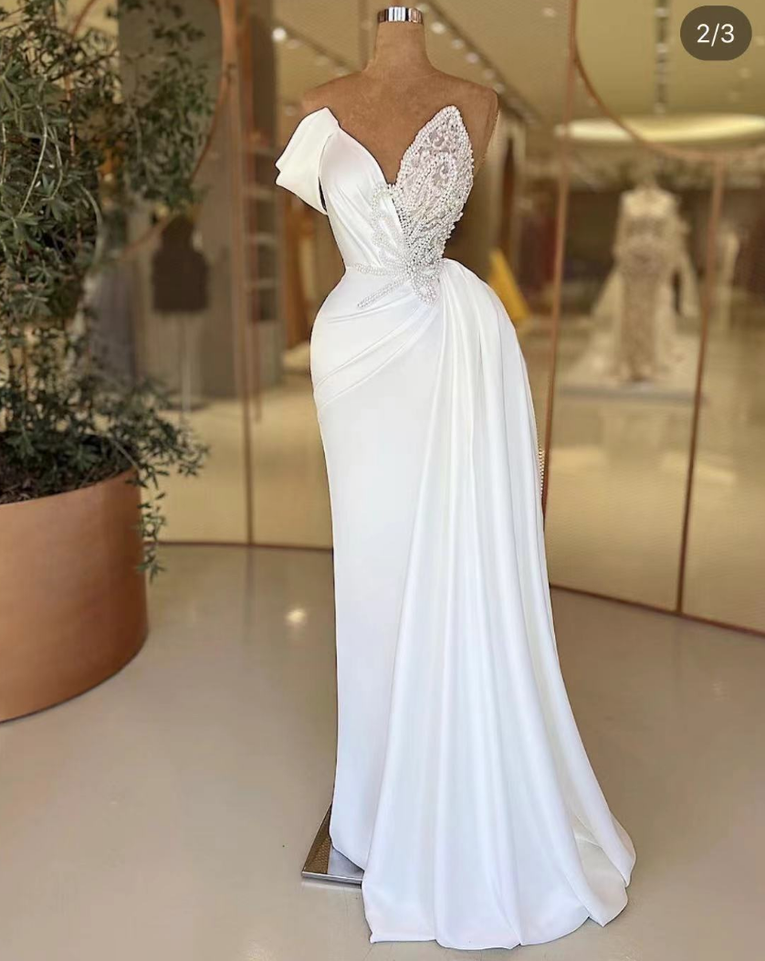 beach wedding dresses off the shoulder One-Shoulder Mermaid Prom Dress, Charming Beaded Prom Dress, D580 – Dairy  Bridal