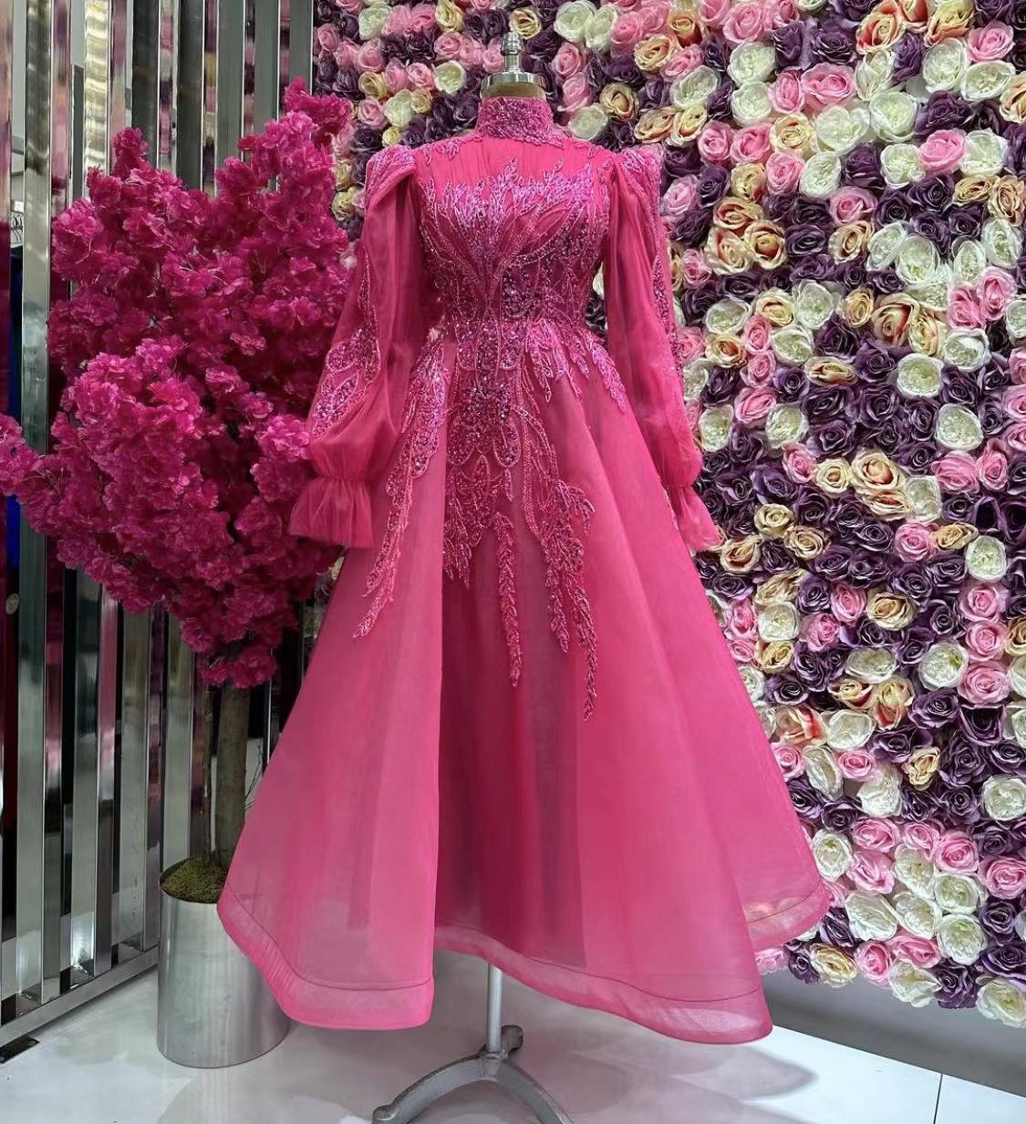 Customized(Can Not Refund) Pink High Neck Prom Dresses Long Sleeve for Women 2025 Lace Appliques Beading Sequins A Line Formal Evening Gowns