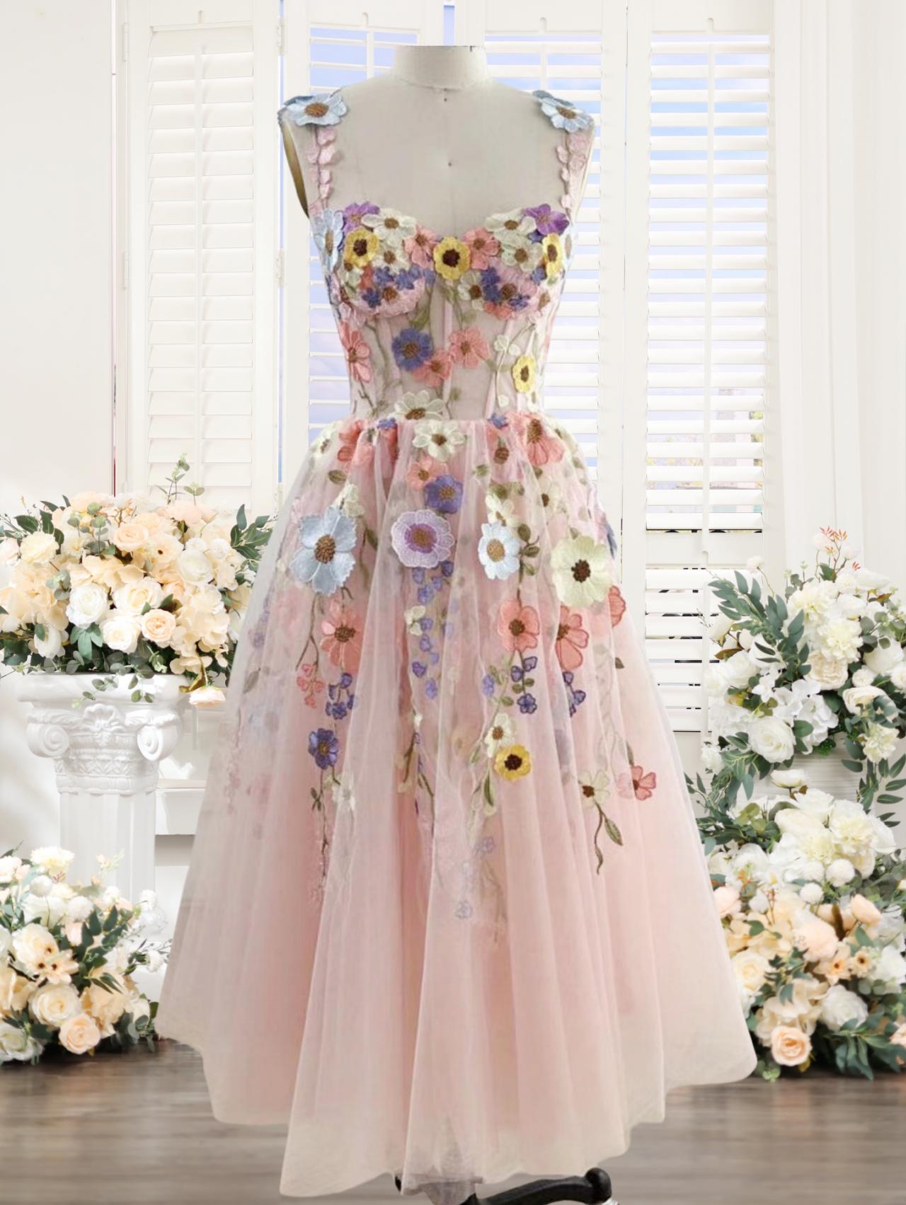 Pink Embroidery Floral Prom Dresses Ankle Length V Neck Party Dresses Tulle  Lace Appliques Flowers F on Luulla