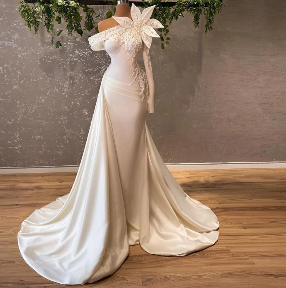 white and gold one shoulder prom dress White One-Shoulder Long Prom Ball Gown