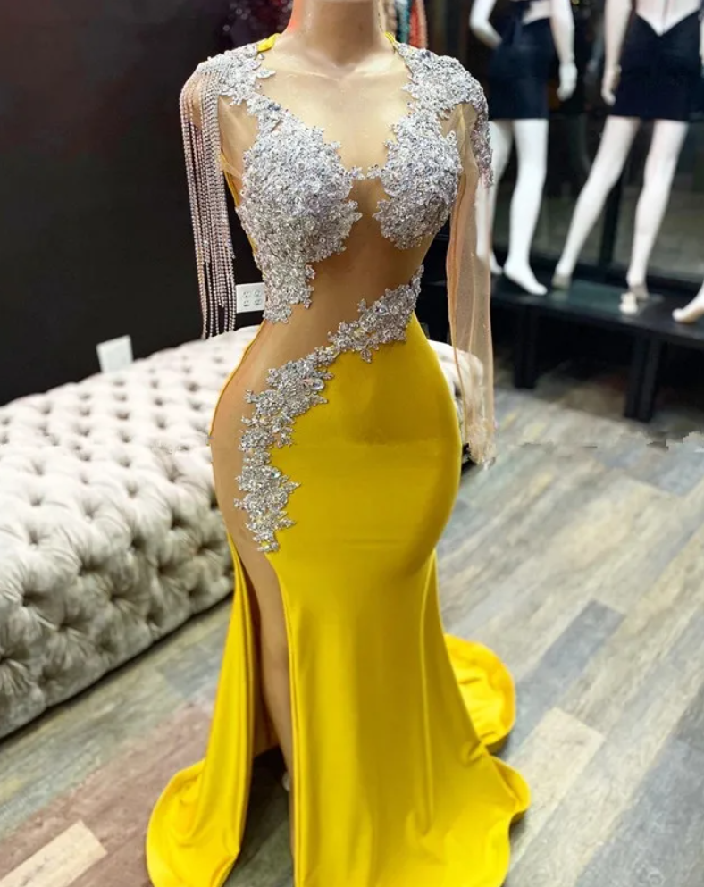 Customized(Can Not Refund) Yellow Prom Dresses Mermaid One-Shoulder Long Sleeves Appliques Beaded Slit Sexy Long Prom Gown Evening Dresses Robe