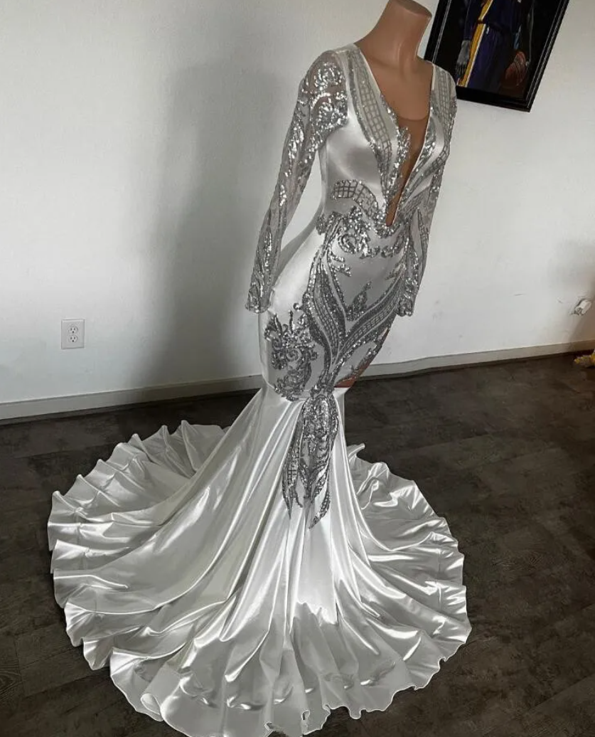 Customized(Can Not Refund) Silver African Mermaid Prom Reception Dress for Women Sparkly Sequins Applique Long Sleeve Evening Birthday Gown Black