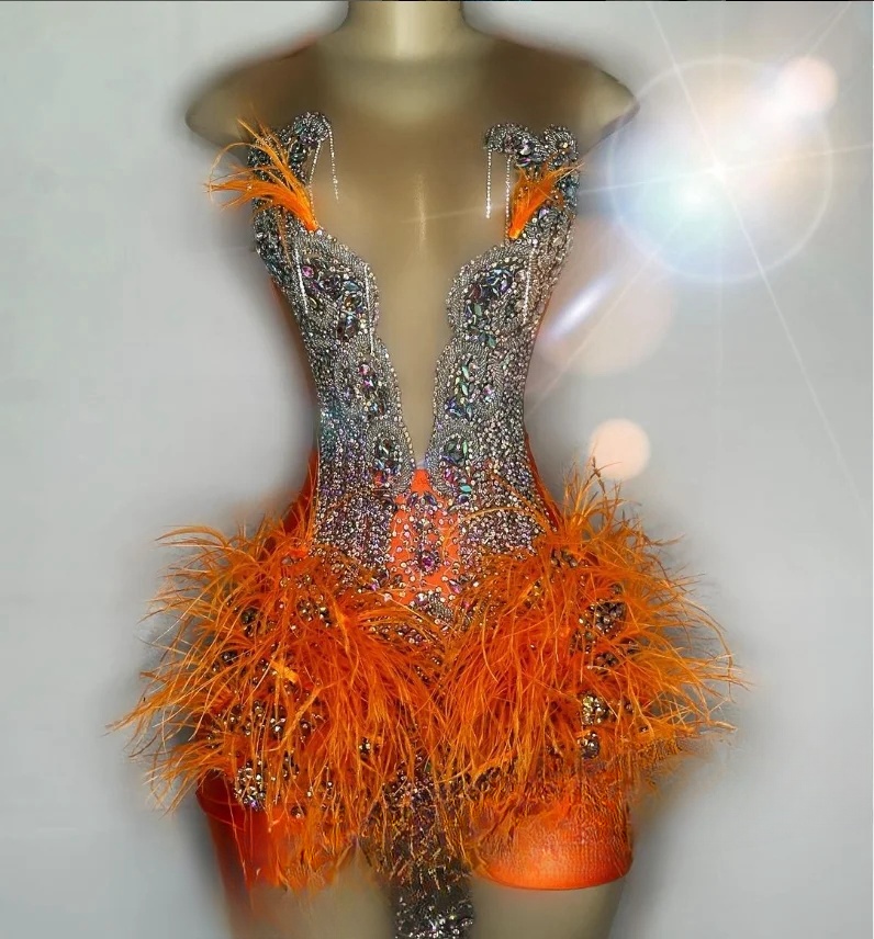 Customized(can Not Refund) Luxury Orange Diamante Cocktail Dress 2024 For  Women Sexy See Through Cry on Luulla