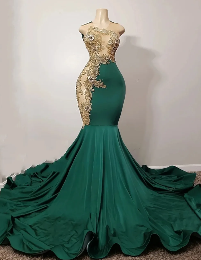 Customized(can Not Refund) Emerald Green Mermaid Luxury African Prom Dress  For Black Girl Gold Appli on Luulla
