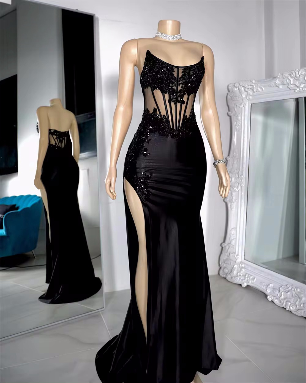 Customized (can Not Be Refund) Strapless Black Beaded Crystals High Split Prom Dresses Black Girls Baddie Dresses For Birthday African Vestidos