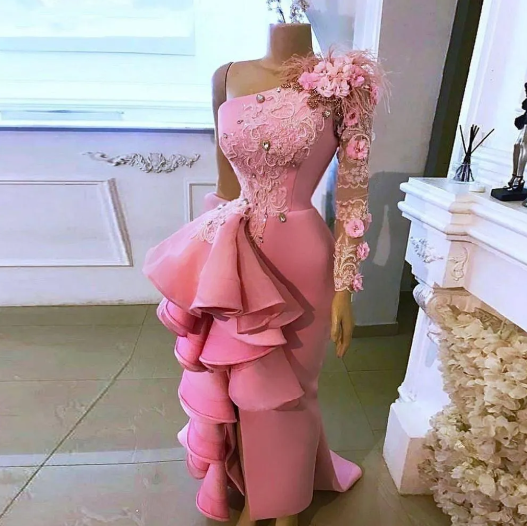 Customized (can Not Be Refund) Arabic Aso Ebi One Shoulder Prom Dresses Ruffles Side Slit Long Satin Formal Evening Gowns Lace Appliques Feathers