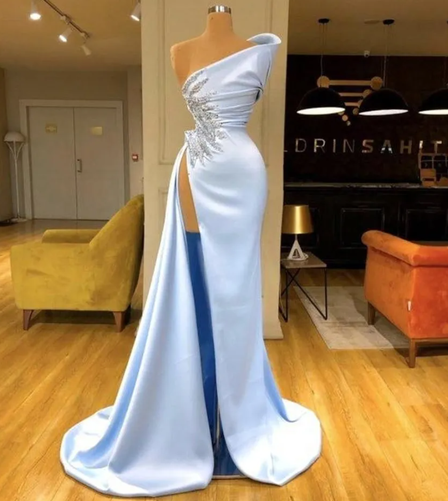 Customized (can Not Be Refund) Split Light Blue Evening Dresses Sexy One Shoulder Waist Peplum Beads Crystals Formal Ocn Prom Party Gowns