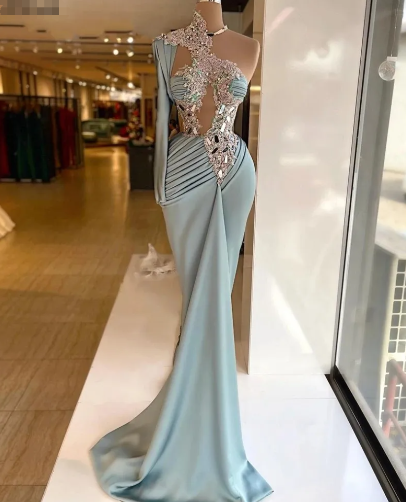 Customized (can Not Be Refund) Shoulder One Sage Unique Long Sleeve Evening Dresses For Women Lace Appliqued Rhinestones Pleated Mermaid Prom
