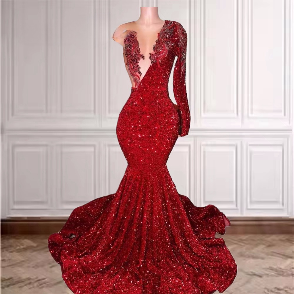 Customized (can Not Be Refund) One Shoulder Long Sleeve Red Velvet