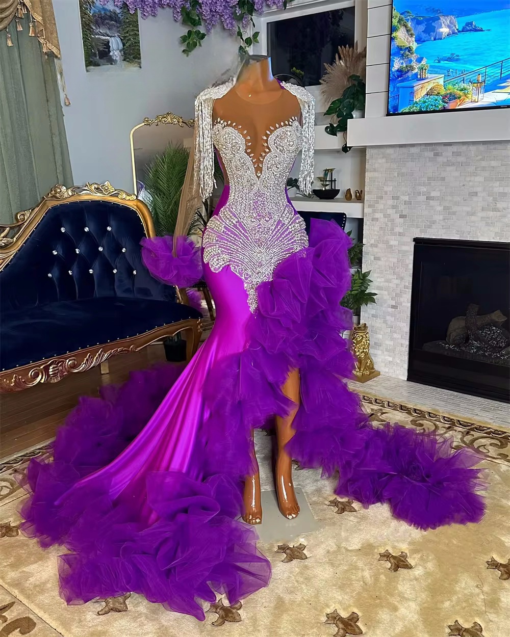 Purple Tulle Ruched Split Silver Tassel Rhinestones Prom Dresses For Blackgirls 2024 In Formal Occasion Dress Wedding Gowns