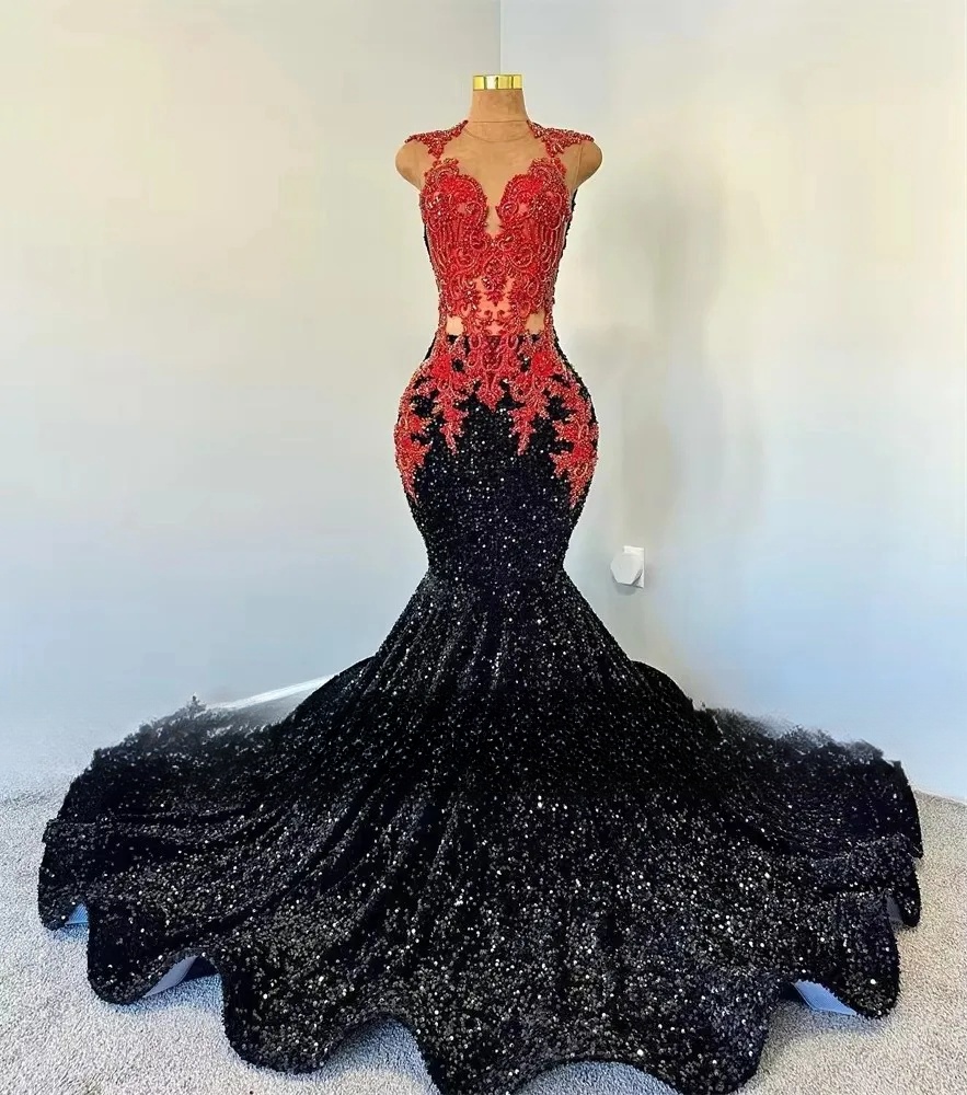 Pretty Spaghetti Straps Black Chiffon Beaded Mermaid Evening Dress Long Birthday Prom Gowns With Ribbon main image 0