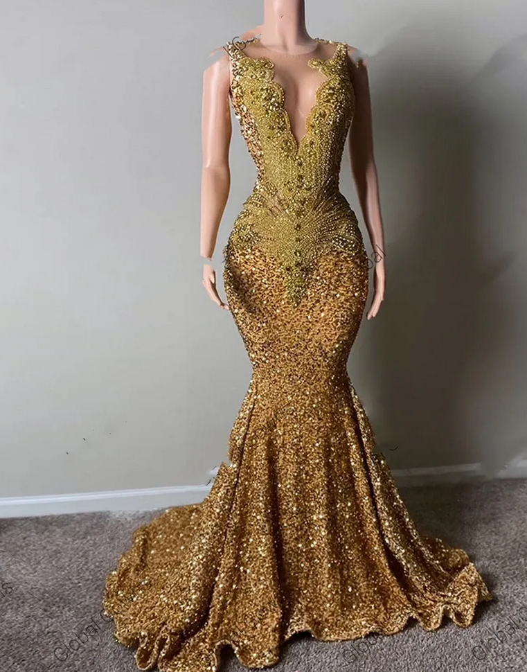 princess polly baby blue dress Customized(can Not Refund) Gold O Neck Long Prom Dress For Black Girls 2025  Beaded Crystal Birthday Party Dresses Evening Gowns Sequined Robe De