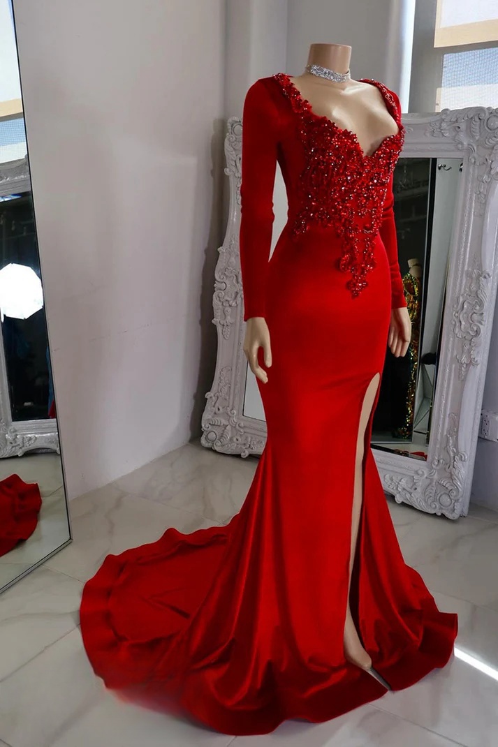 Fashionparty907 Dark Red Mermaid Satin Prom Dresses Long for Women 2025 with Slit Long Sleeve Side Slit Lace Appliques Formal Evening Gowns Beaded Tight Party
