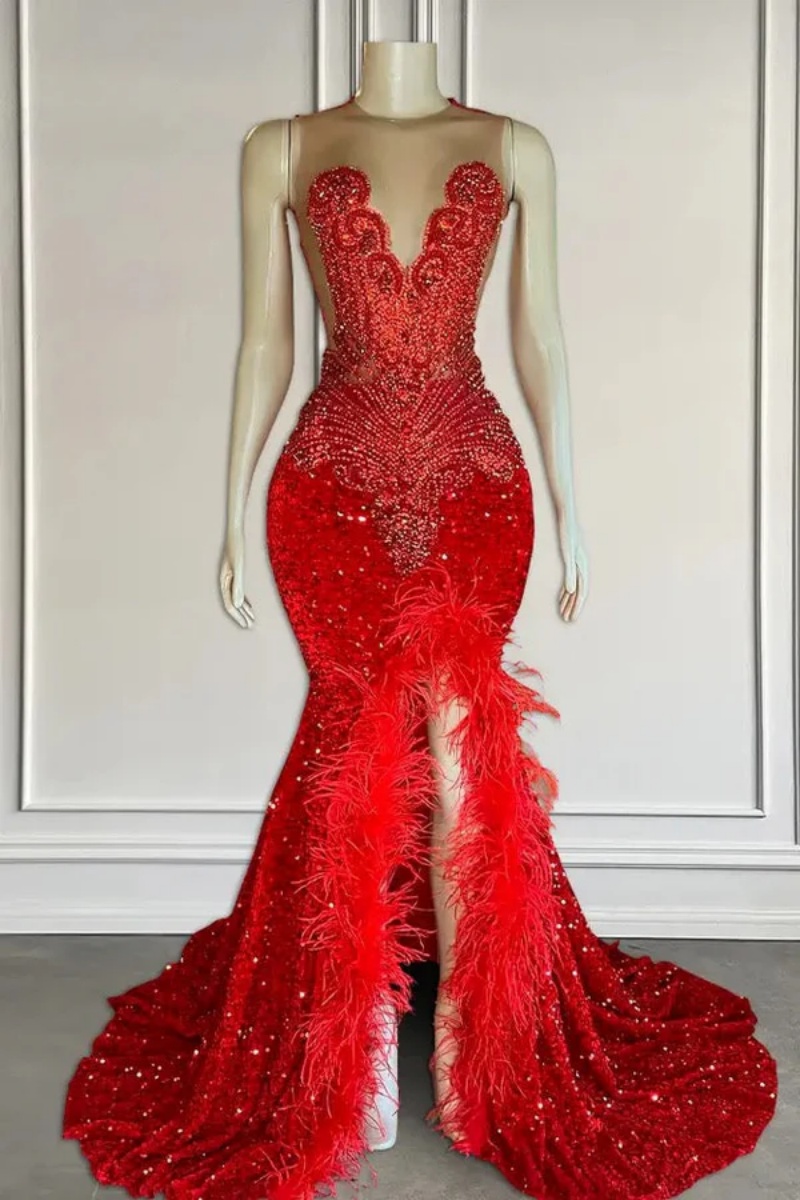 strapless open back dress Plunging V-Neck Sequins Appliques Feathers Sparkly Prom Dress with Sli   SQOSA