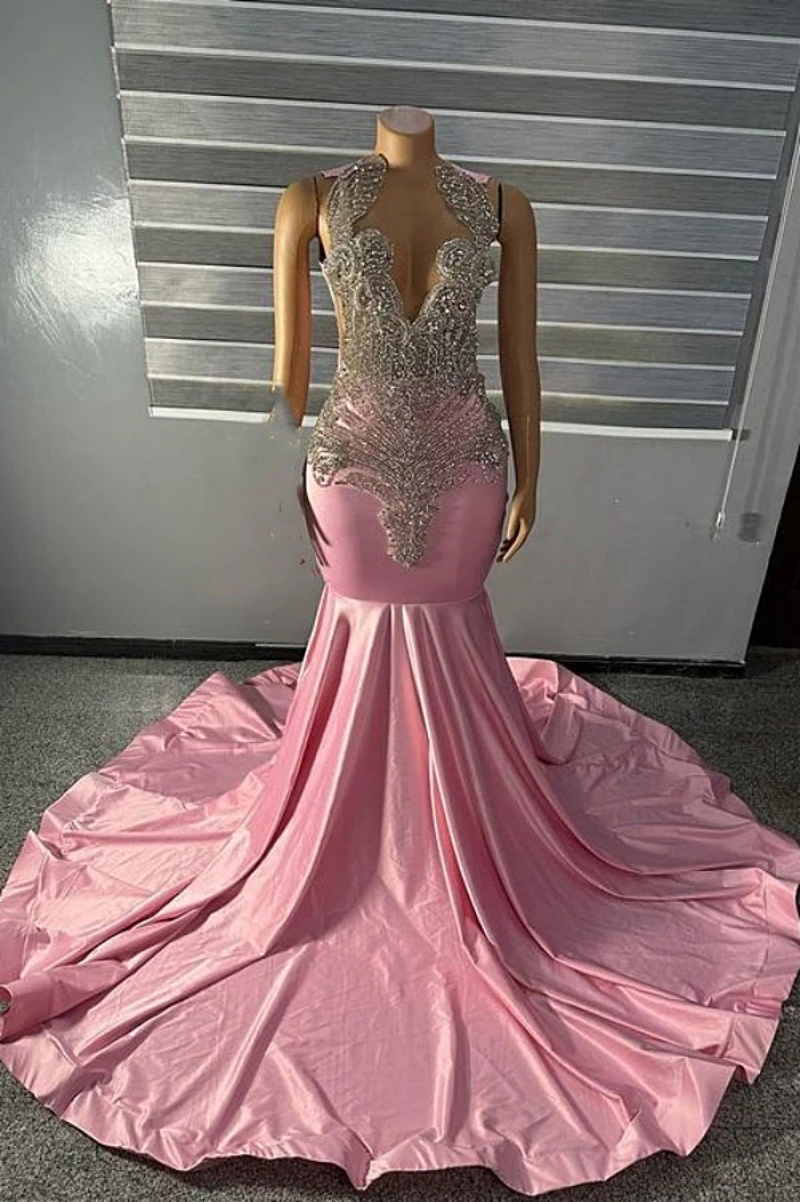 Pink Crystal Satin Prom Dresses Long For Women 2025 Beaded Sparkly ...