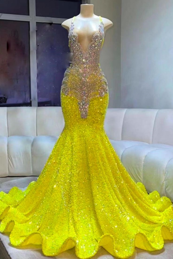 Trendy Yellow Sequin Mermaid Evening Gown SREAL224 main image 1
