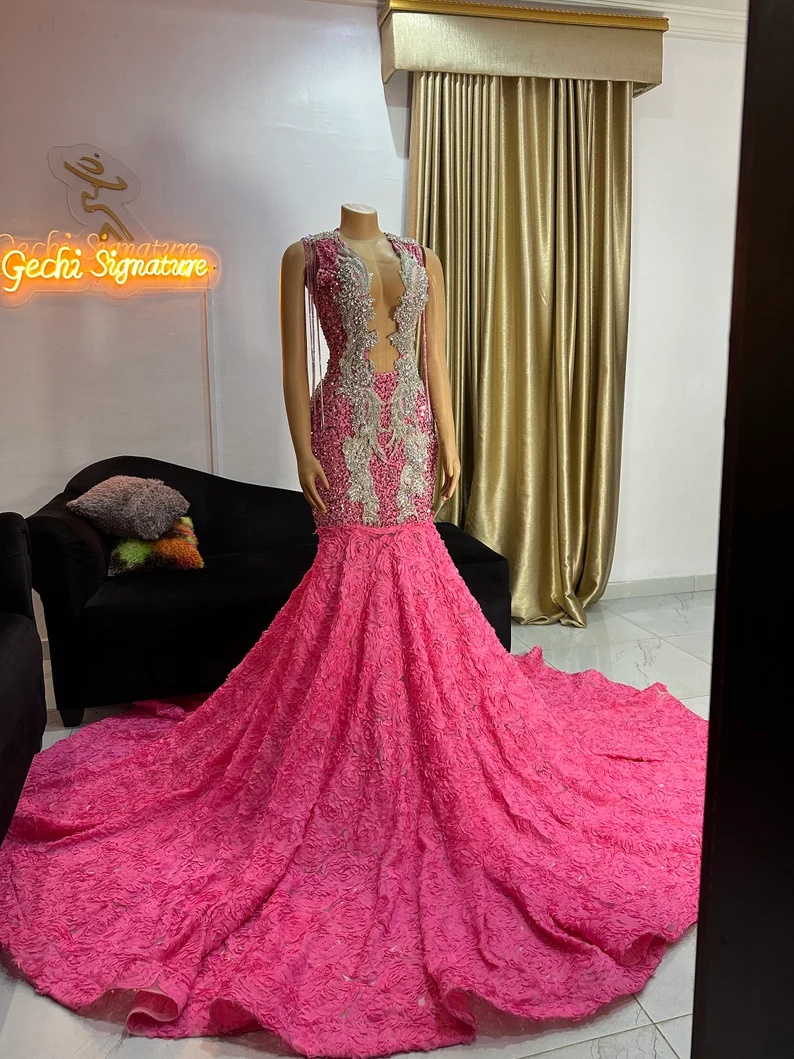 Customized (can Not Be Refund) Pink Mermaid Prom Dresses Lon For Women 2025  Lace Appliques Beadi on Luulla