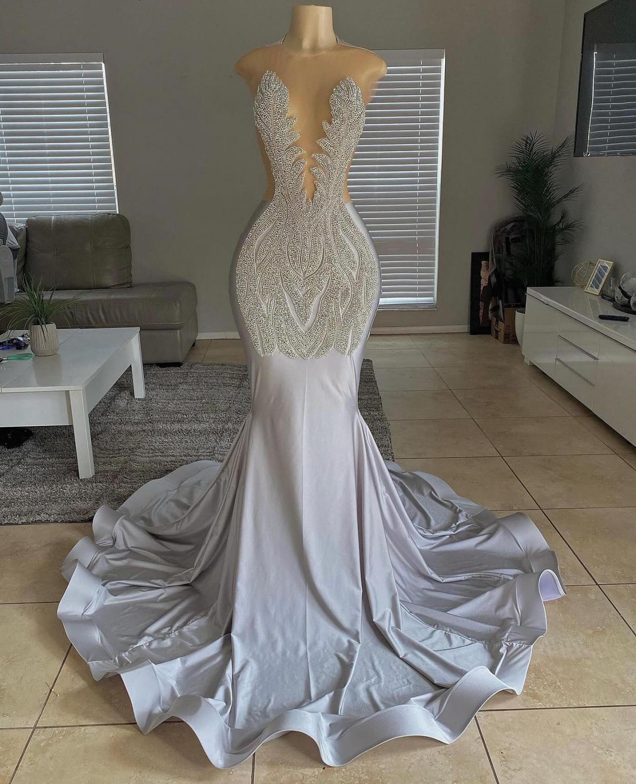 Customized(Can Not Refund) Mermaid Crystal Prom Dresses Long for Women 2025 Beading Diamond Beaded Formal Evening Gowns Silver Party Dresses