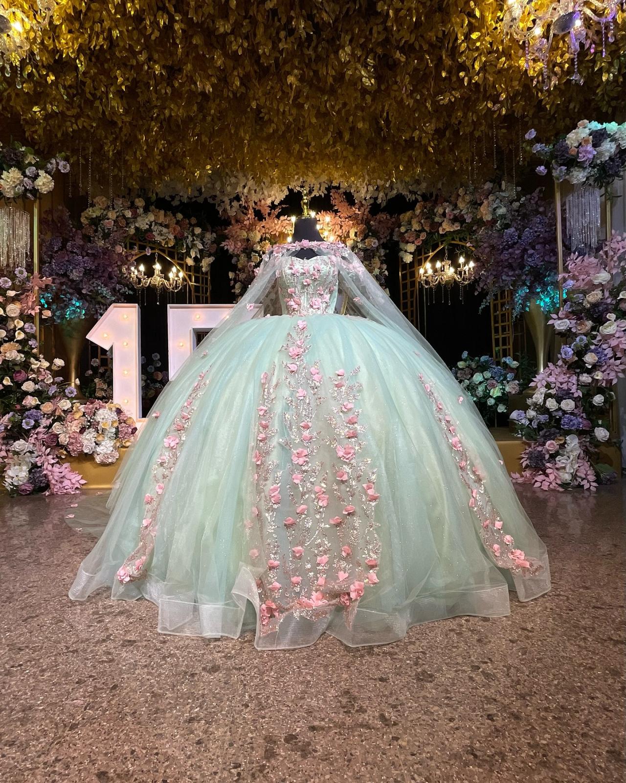 green emerald velvet dress Princesa PR30131 Long Quinceanera Dress Blue Sage / 6 main image 1