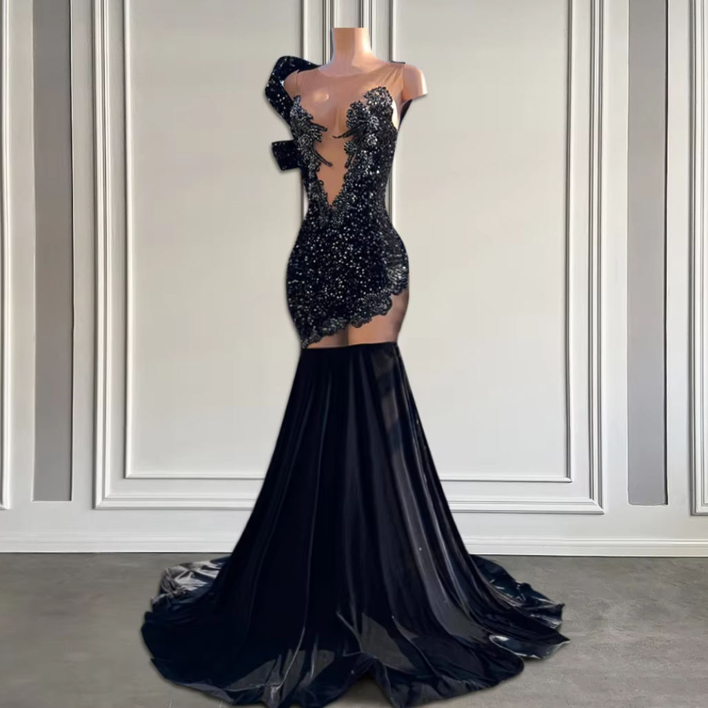 black and diamond prom dress Dazzling Black V-Neck One Shoulder Long Sleeves Prom Dresses Gem Beads With Zipper Lace-Up Back