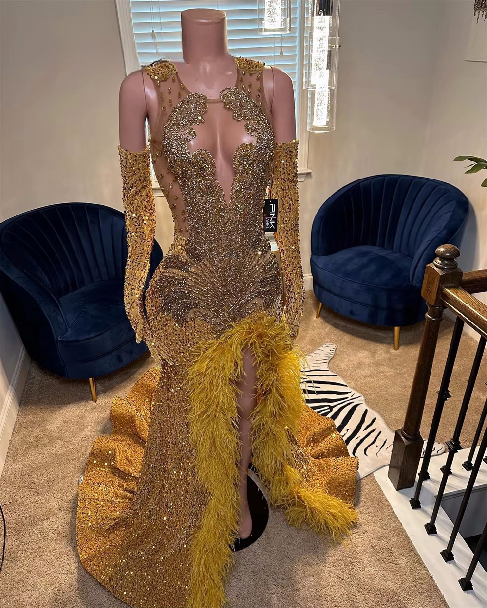 Customized(can Not Refund) Chic Gold Sequin Prom Dresses Beaded Rhinestone  Feather Split Gloves Blac on Luulla