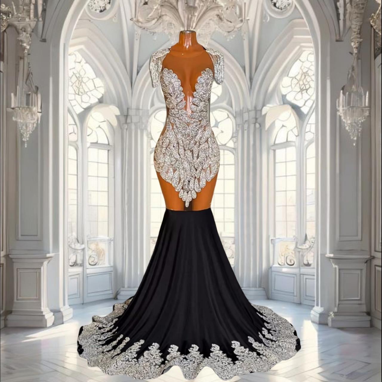 Customized(can Not Refund) Silver Sparkly Beads Embroidery Prom Dresses  Long 2025 Black Mermaid See Thru Sexy Prom Party Gala Gowns For Black
