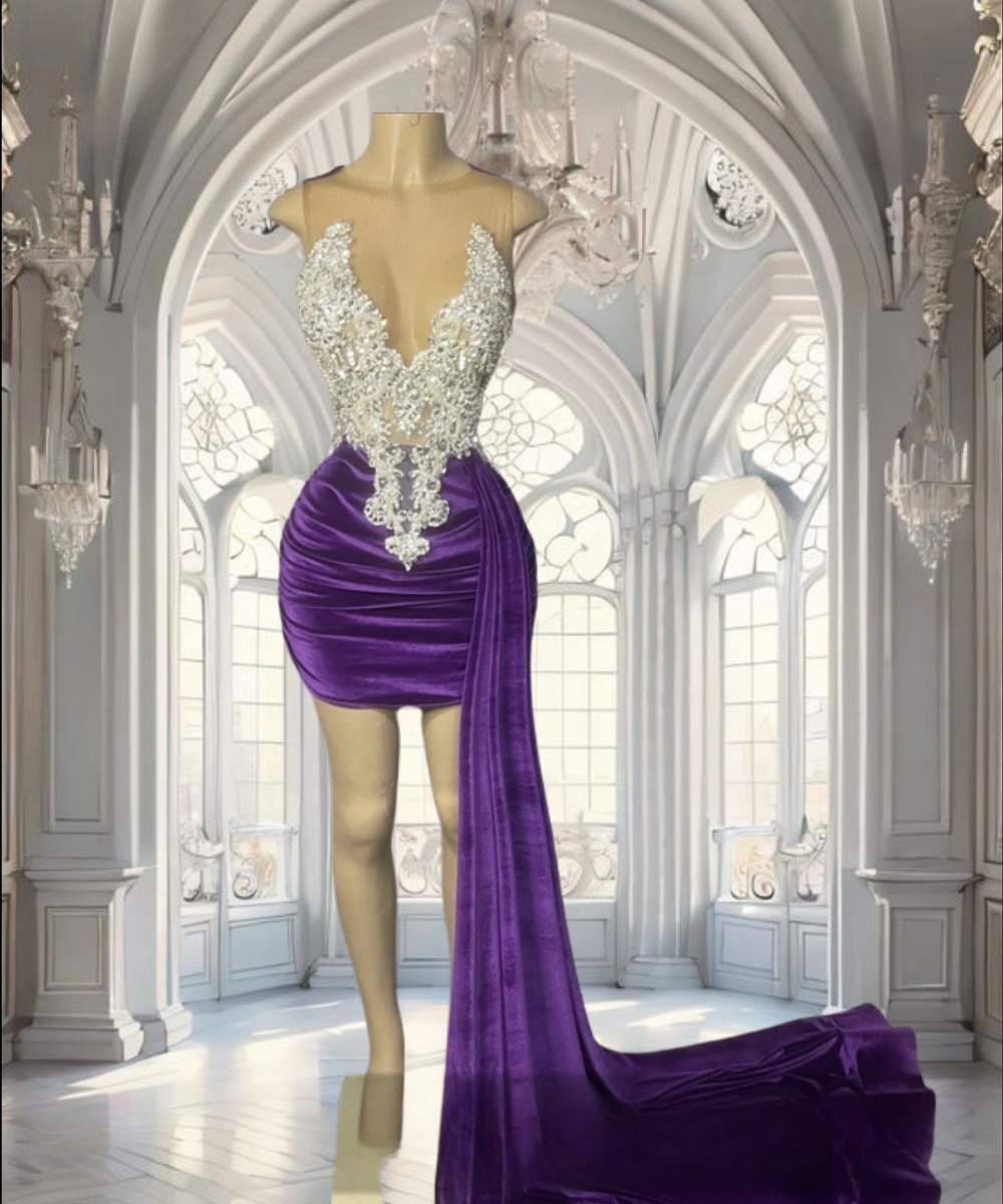 Customized (Can Not Be Refund) Dark Purple O Neck Short Prom Dresses Bead Appliques 2024 Birthday Luxury Dress Mini Cocktail Homecoming with Side