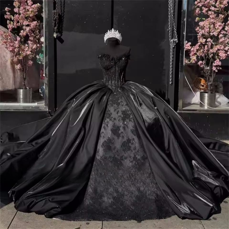 fitted lace wedding dress Black Sequins Lace Long Sleeves Satin Ball Gowns Off The Shoulder main image 0