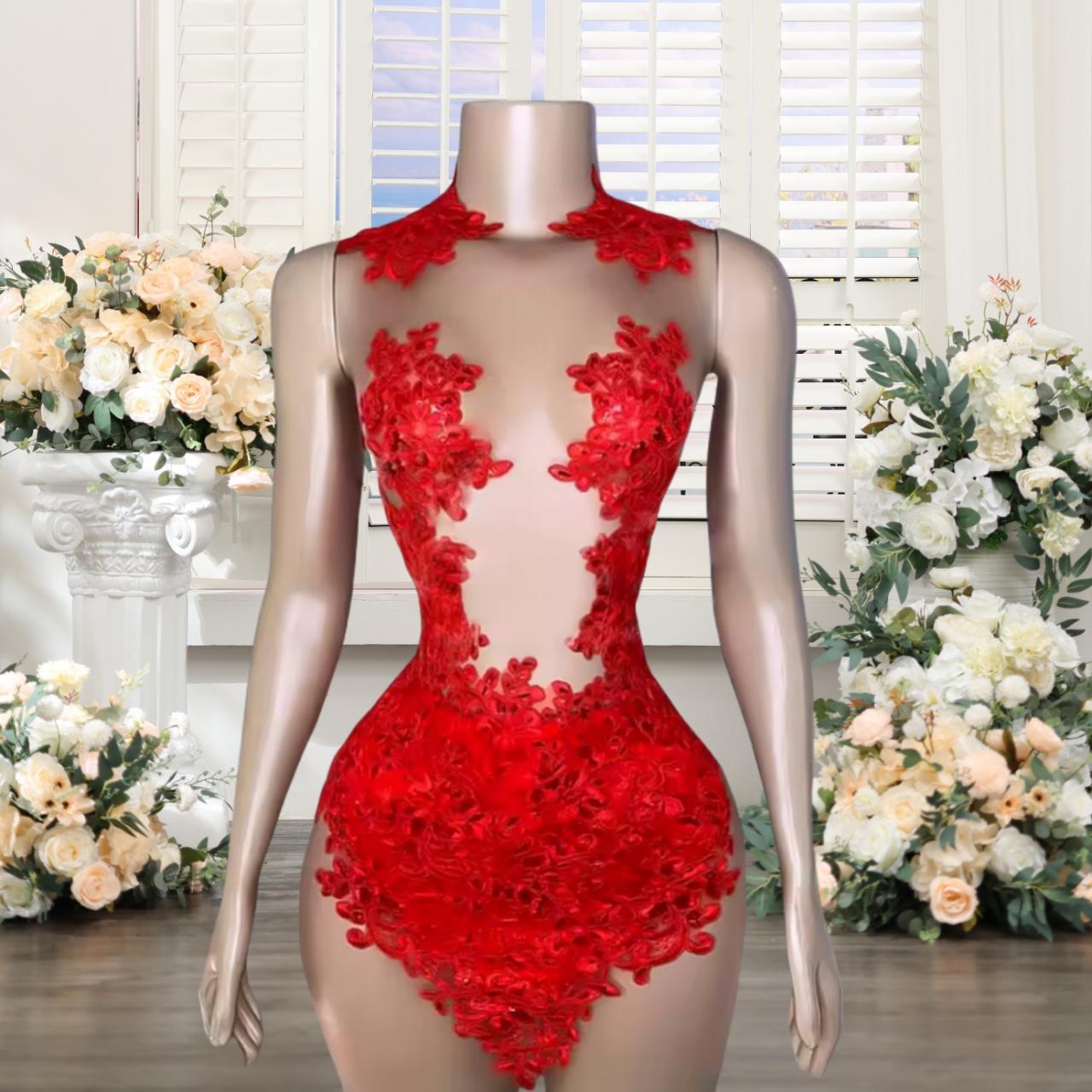 customized Can Not Be Refund) Sheer See Through Red Applique Lace Women  Cocktail Birthday Dress Bla on Luulla