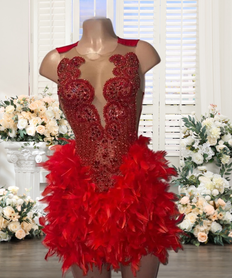 Customized(can Not Refund) Red Crystal Feather Sheath Prom Dresses Short For Black Girls' Birthday Party Crew Neck Diamond Formal