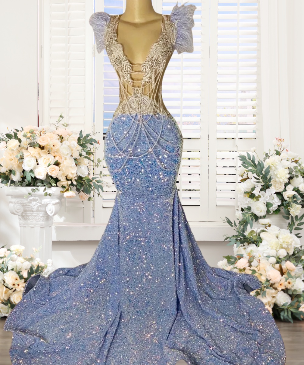 (customized Can Not Be Refund) Lilac Sequin Feather Prom Dresses Crystal V Neck Birthday Dress For Women Beading Party Gowns Sweep Train