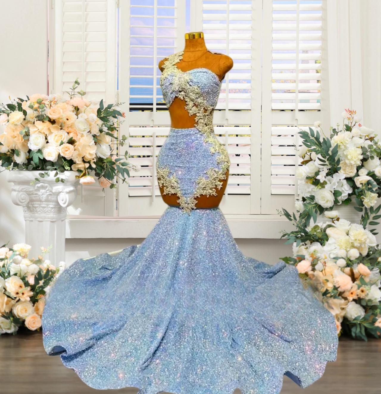 Sparkly Blue Sequin Prom Dresses For Black Girls 2025 Sexy Beaded ...