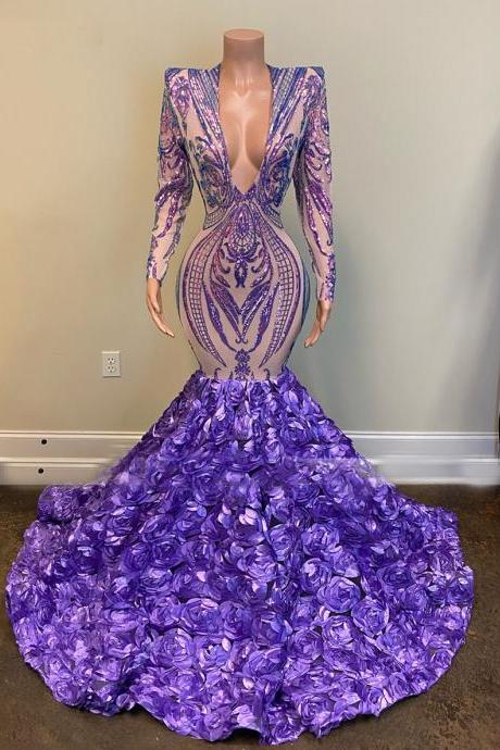 Prom Dresses 2023 Deep V Neck Lace Appliques Mermaid Hand Made Flowers Long Sleeve Purple Sparkly Evening Gowns