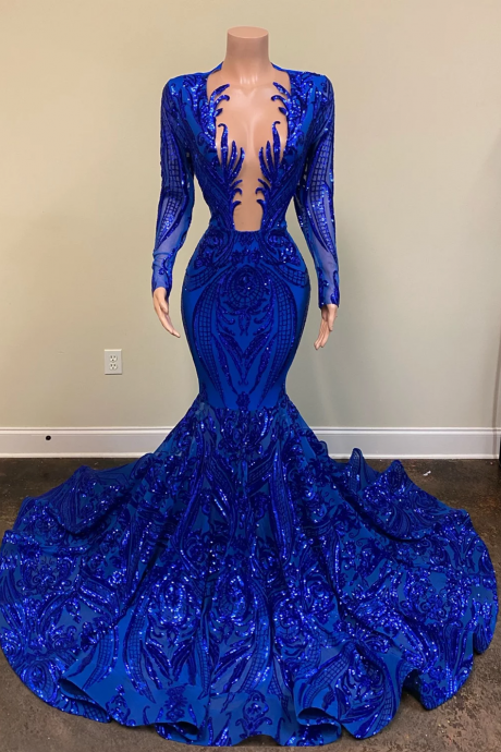 Long Elegant Prom Dresses 2022 Long Sleeve Sheer O-neck Mermaid Style Royal Blue Sequin African Black Girls Prom Party Gowns