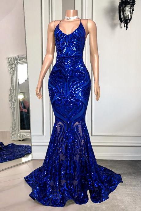 Real Picture Long Elegant Prom Dress 2022 Sexy Mermaid See Through Sparkly Sequin Royal Blue Black Girls Backless Prom Gowns