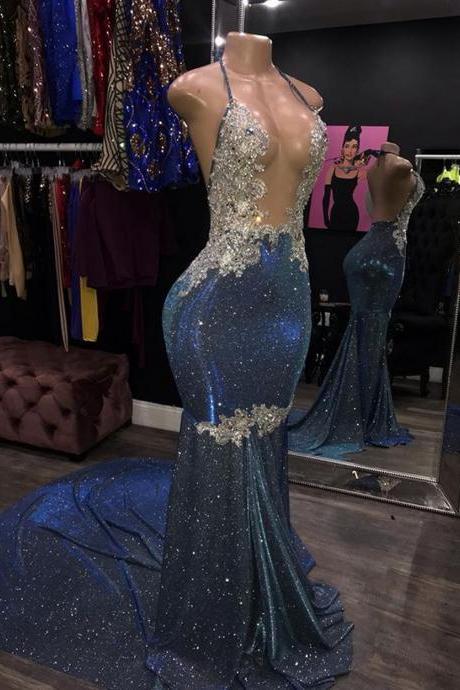 Fitted Long Sexy Prom Dresses 2022 Sheer Top Beaded Lace Sparkly Navy Blue African Black Girls Real Picture Prom Gala Gowns