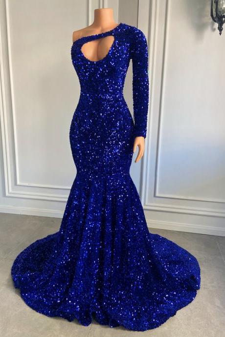 Long Sparkly Prom Dress 2023 One Shoulder Royal Blue Sequin Mermaid Style Black Girls Prom Party Gowns Real Picture