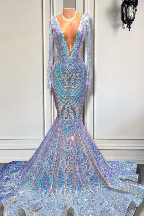 Long Prom Dresses 2023 Sheer O-neck Sparkly Long Sleeve Sexy Mermaid African Black Girls Brithday Prom Gowns