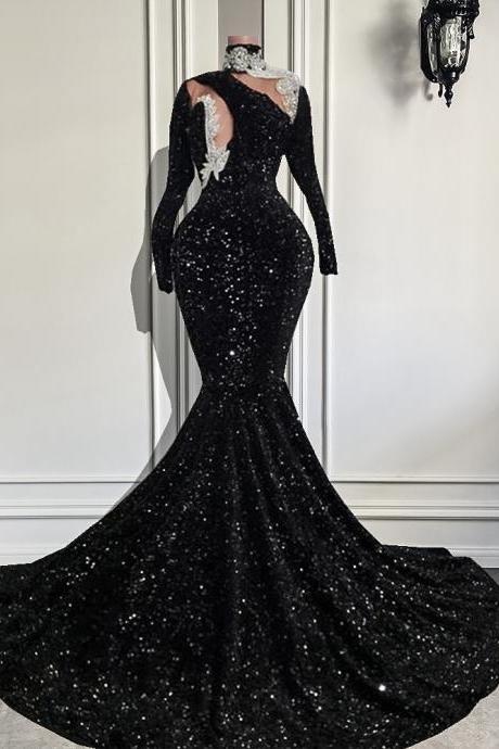 Sexy Long Prom Dresses 2023 Sexy Mermaid High Neck Crystals Black Girls Sparkly Sequined Prom Gala Gowns For Party
