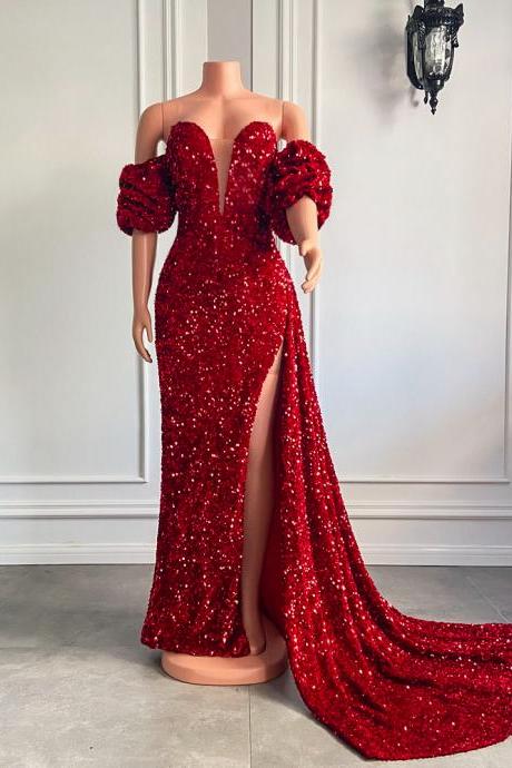 Long Red Prom Dresses 2023 Off The Shoulder Sexy High Slit Sequined African Black Girls Real Prom Gala Gowns With Side Train